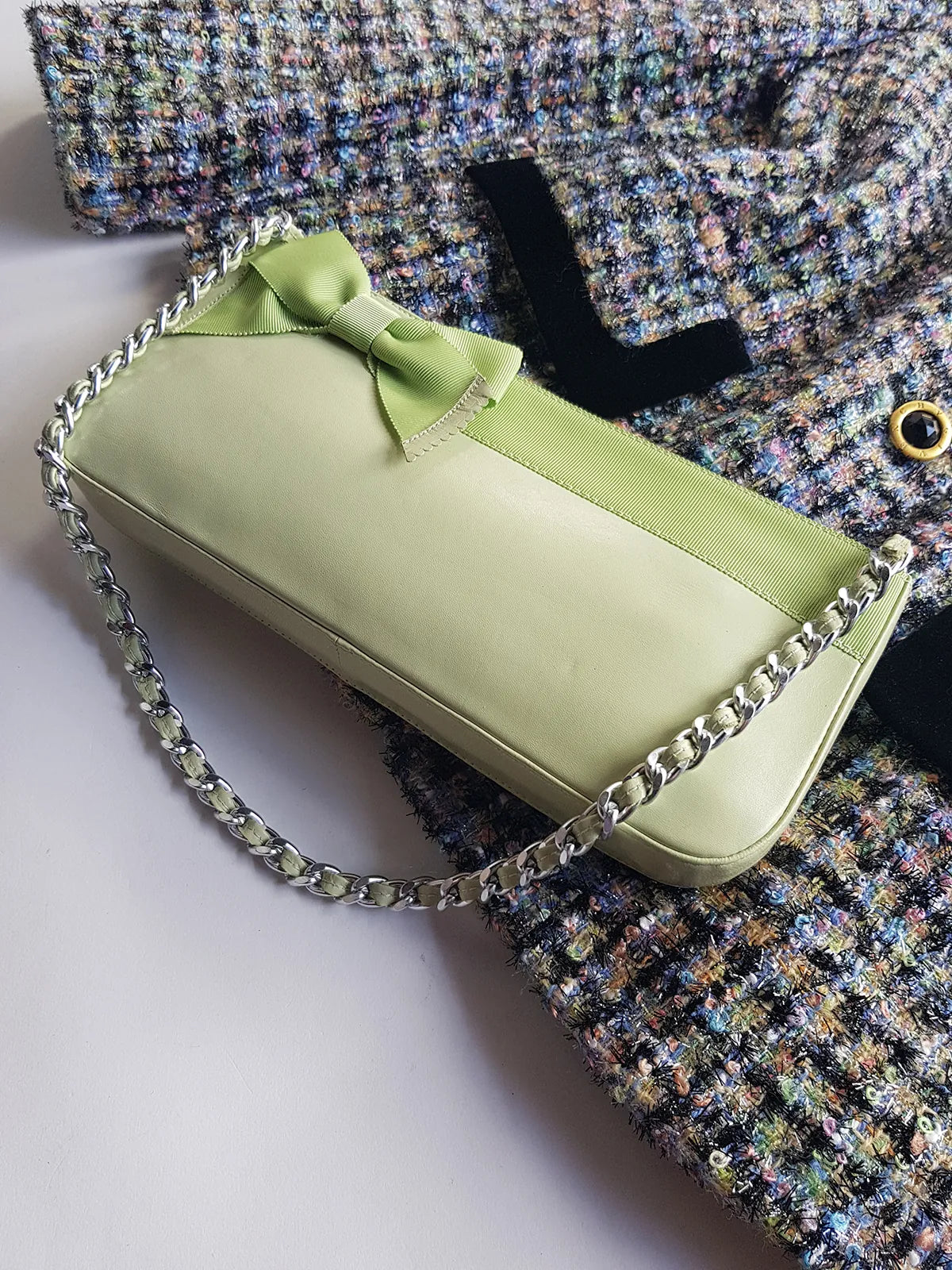 Vintage 2000s Designer Beverly Feldman Leather Purse in the Sweetest Mint Green & Plaid Lining - Chain Strap & Little Bow with Intricate Scalloped Leather Edging (Original Dustbag Included)