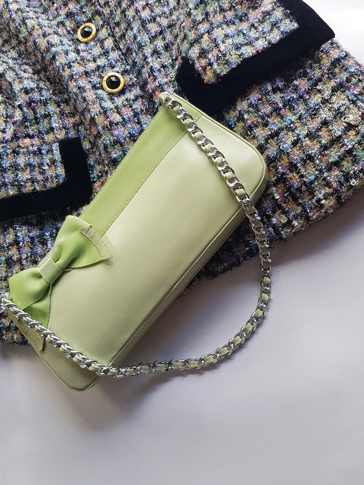 Vintage 2000s Designer Beverly Feldman Leather Purse in the Sweetest Mint Green & Plaid Lining - Chain Strap & Little Bow with Intricate Scalloped Leather Edging (Original Dustbag Included)