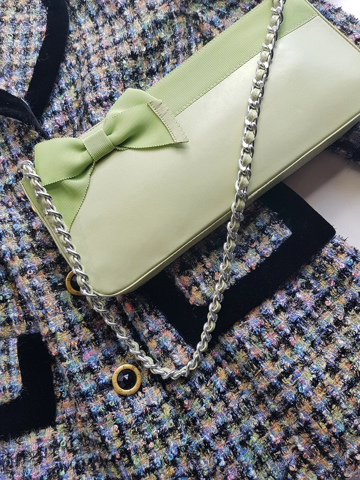 Vintage 2000s Designer Beverly Feldman Leather Purse in the Sweetest Mint Green & Plaid Lining - Chain Strap & Little Bow with Intricate Scalloped Leather Edging (Original Dustbag Included)