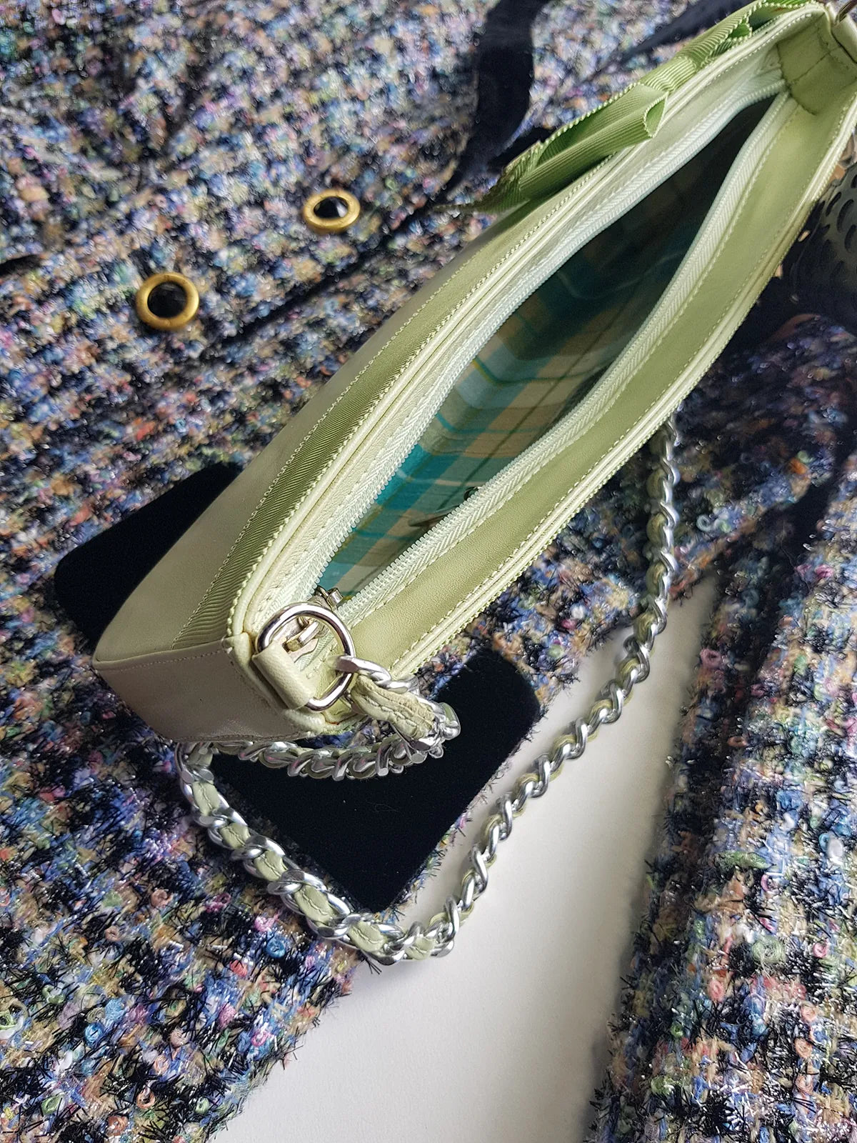 Vintage 2000s Designer Beverly Feldman Leather Purse in the Sweetest Mint Green & Plaid Lining - Chain Strap & Little Bow with Intricate Scalloped Leather Edging (Original Dustbag Included)