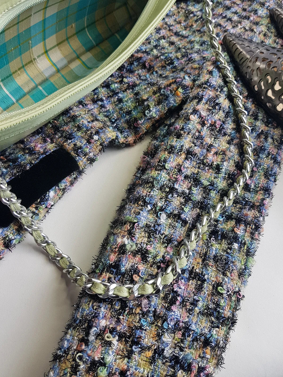 Vintage 2000s Designer Beverly Feldman Leather Purse in the Sweetest Mint Green & Plaid Lining - Chain Strap & Little Bow with Intricate Scalloped Leather Edging (Original Dustbag Included)