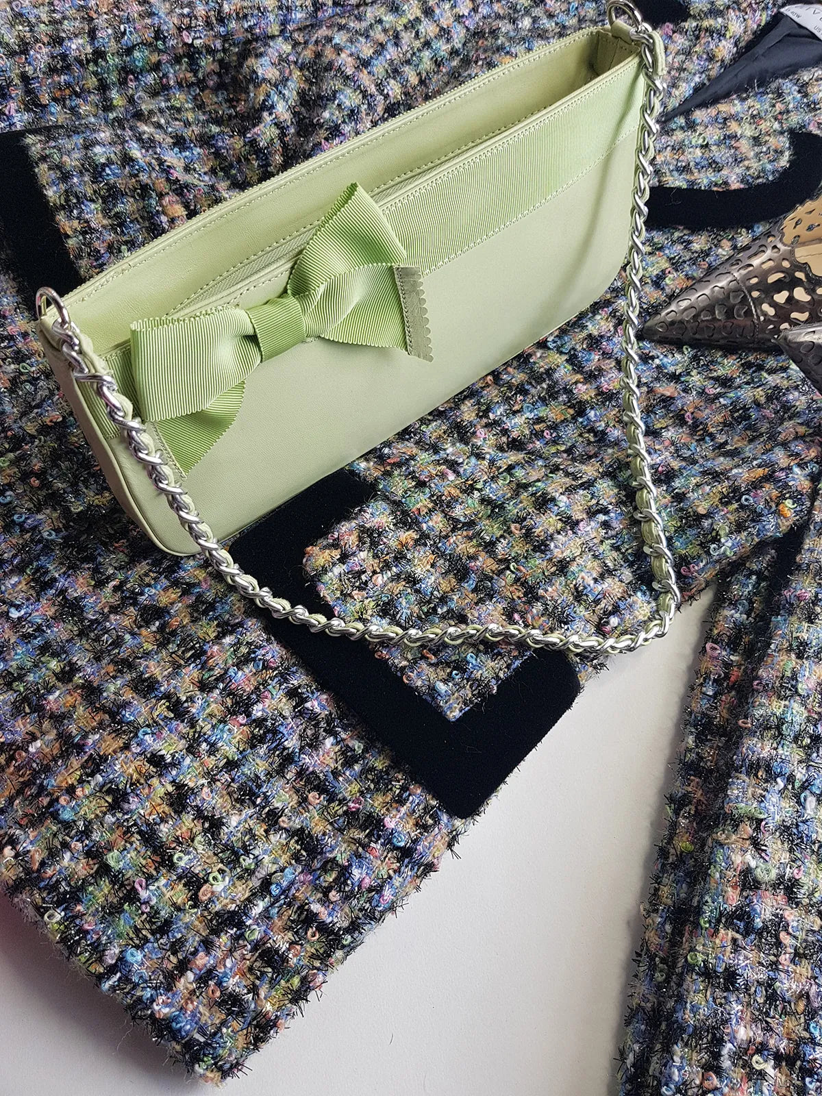 Vintage 2000s Designer Beverly Feldman Leather Purse in the Sweetest Mint Green & Plaid Lining - Chain Strap & Little Bow with Intricate Scalloped Leather Edging (Original Dustbag Included)