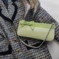 Vintage 2000s Designer Beverly Feldman Leather Purse in the Sweetest Mint Green & Plaid Lining - Chain Strap & Little Bow with Intricate Scalloped Leather Edging (Original Dustbag Included)