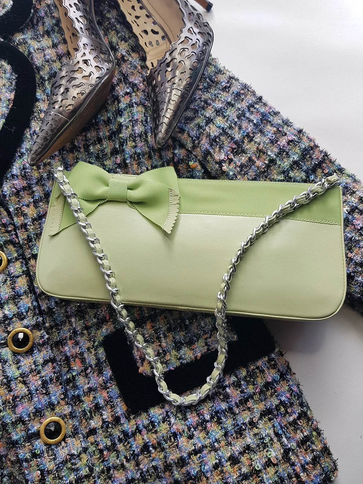 Vintage 2000s Designer Beverly Feldman Leather Purse in the Sweetest Mint Green & Plaid Lining - Chain Strap & Little Bow with Intricate Scalloped Leather Edging (Original Dustbag Included)