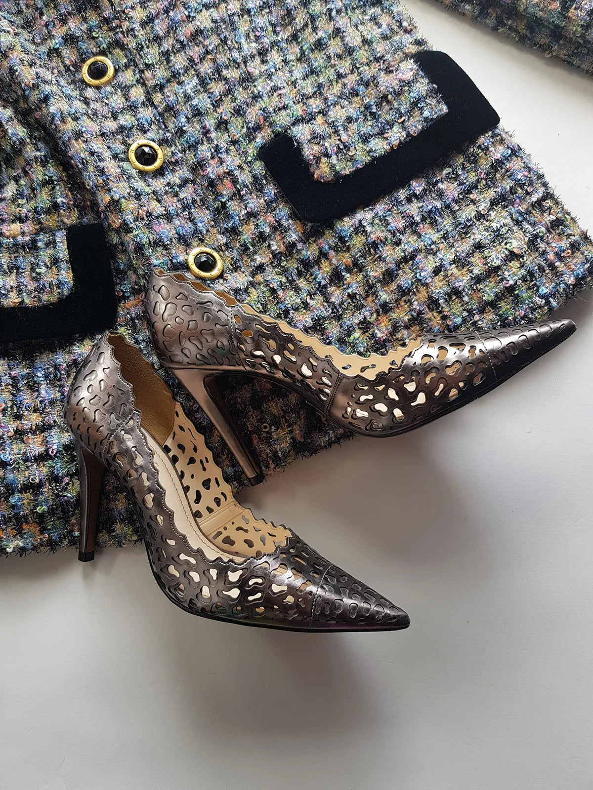 Vintage Ultra Sexy High Stiletto Pumps - Geniune Leather - Lazer Cut in Metallic Gunmetal - High Quality Brazillian Leather Craftsmanship (EU size 36)