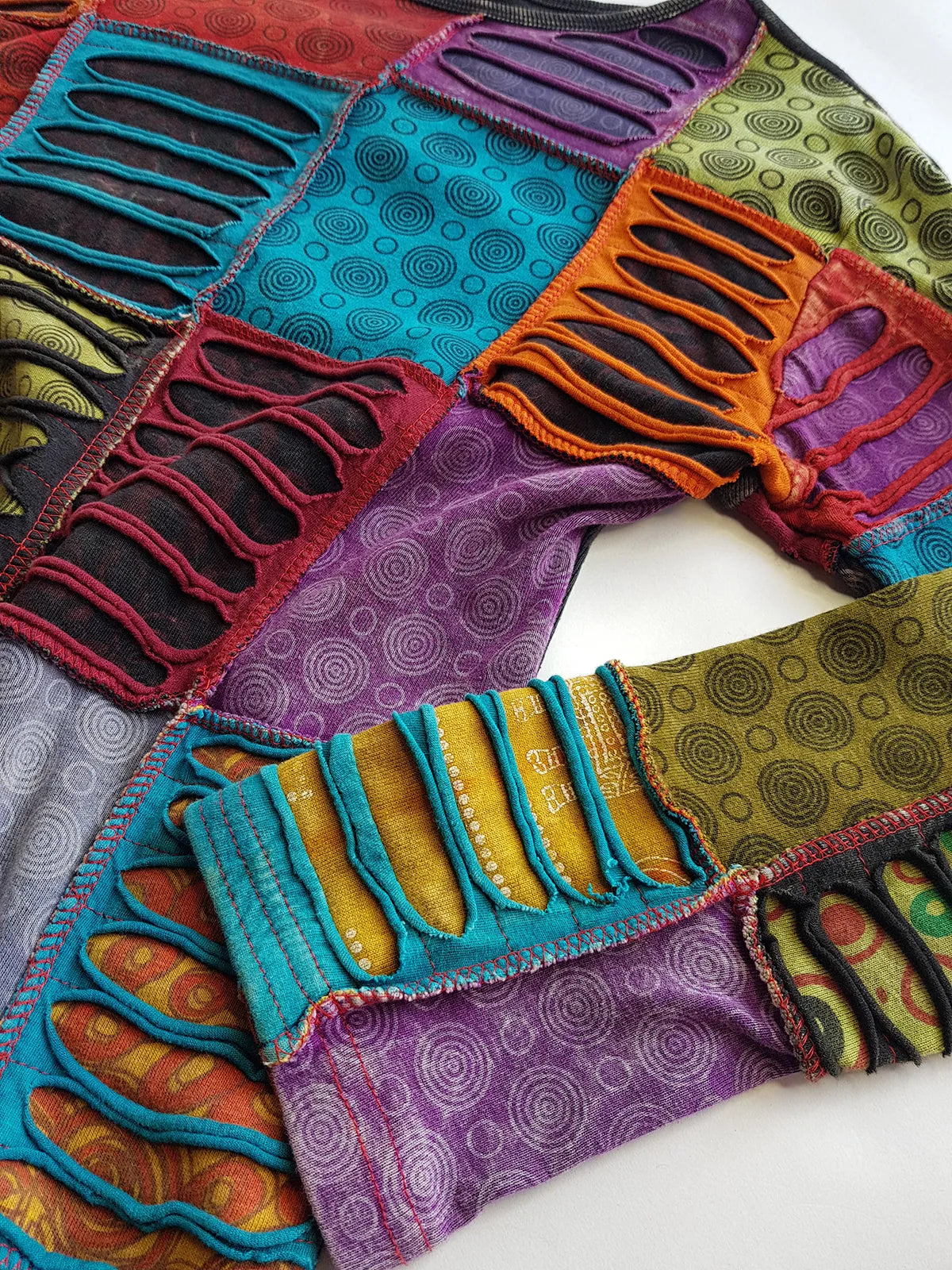 Authentic 90s Rare Whimsigoth / Fairy - Unbelievable Handmade Hand Dyed & Bleach Effect Patchwork Top - Insane Hand ripping techniques all over the patches - Contrast Seams - Unworn Vintage Condition