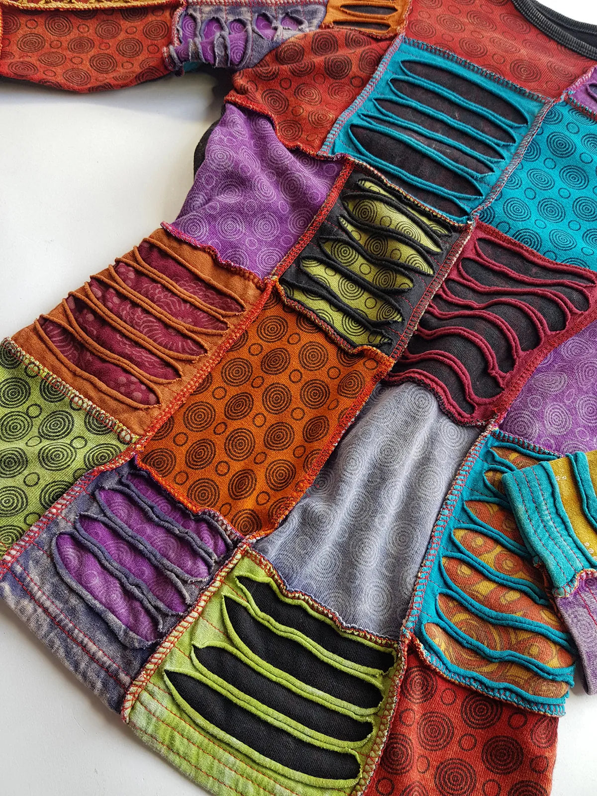 Authentic 90s Rare Whimsigoth / Fairy - Unbelievable Handmade Hand Dyed & Bleach Effect Patchwork Top - Insane Hand ripping techniques all over the patches - Contrast Seams - Unworn Vintage Condition