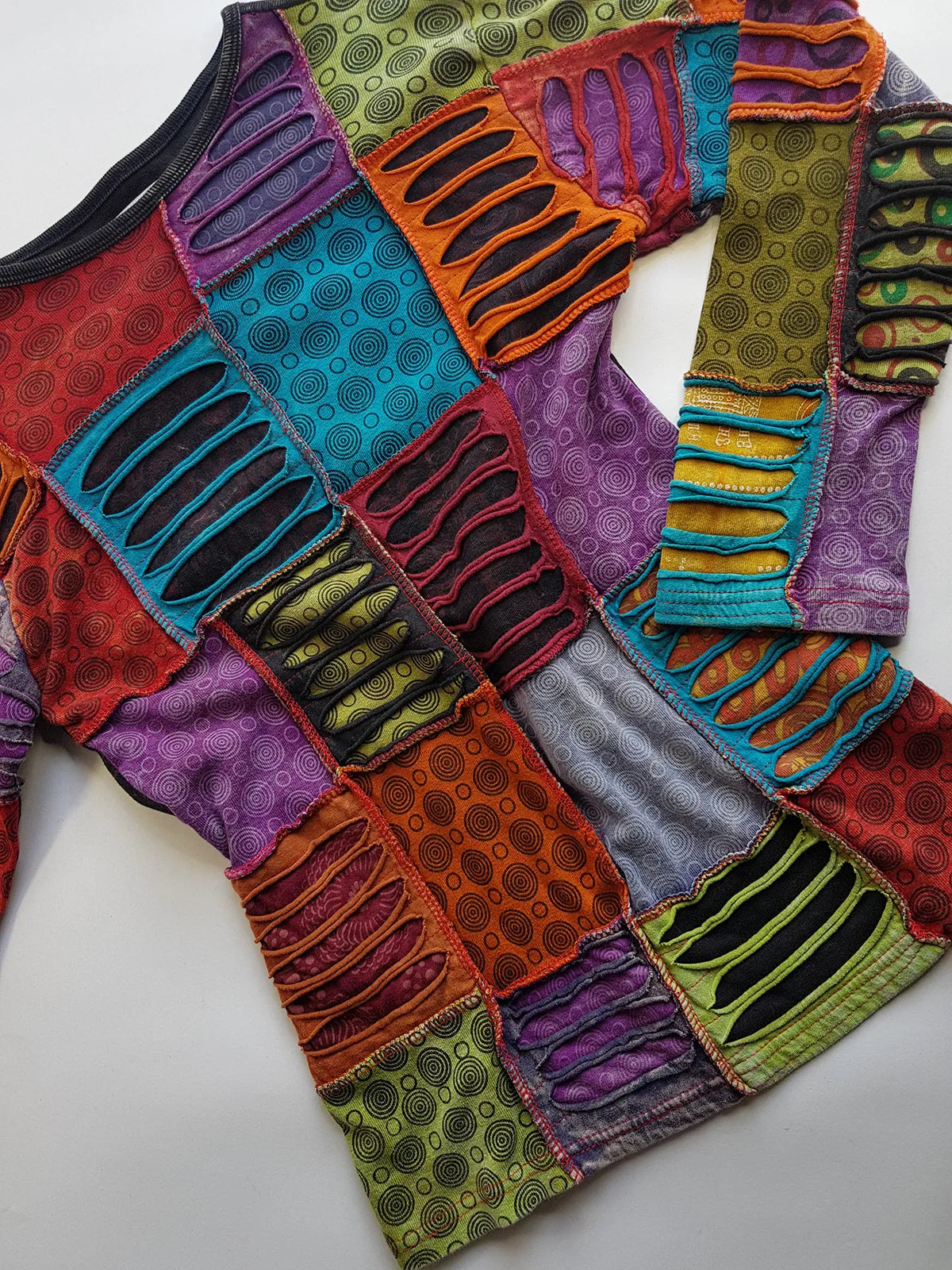 Authentic 90s Rare Whimsigoth / Fairy - Unbelievable Handmade Hand Dyed & Bleach Effect Patchwork Top - Insane Hand ripping techniques all over the patches - Contrast Seams - Unworn Vintage Condition