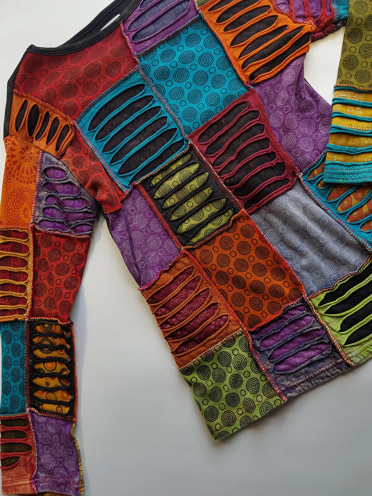 Authentic 90s Rare Whimsigoth / Fairy - Unbelievable Handmade Hand Dyed & Bleach Effect Patchwork Top - Insane Hand ripping techniques all over the patches - Contrast Seams - Unworn Vintage Condition