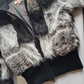 Authentic 90s Vintage Fur Bomber Jacket in Black Grey Tones & Animal Print - Chunky Metal Hardware - Knit Waist Sleeves & Neck - Fully Lined in Iridescent Dark Green - Unworn Condition