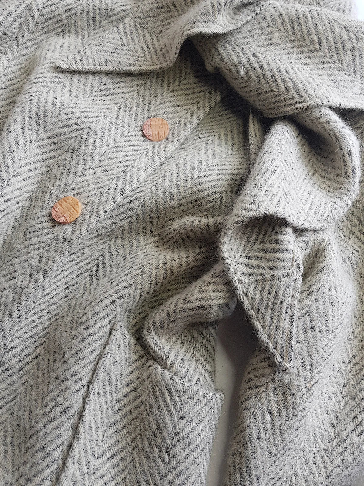 Vintage Chic Wool Coat in Very Light Soft Grey - 3/4 Length - Scarf Tie Neck that can be worn multiple ways - Button Closure - Pockets - Fully Lined