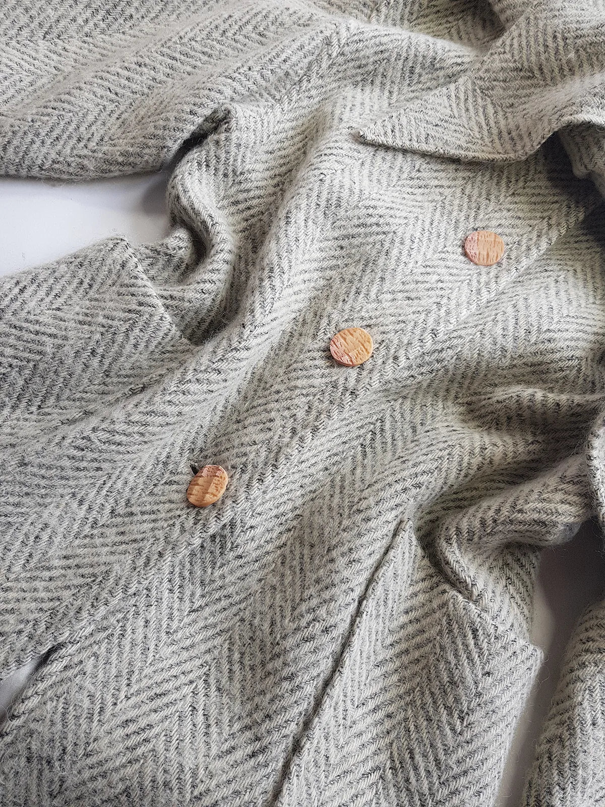 Vintage Chic Wool Coat in Very Light Soft Grey - 3/4 Length - Scarf Tie Neck that can be worn multiple ways - Button Closure - Pockets - Fully Lined