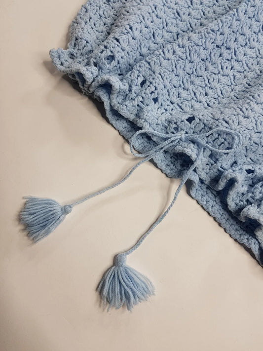 Very Sweet 1950s Rare Handmade knit top in Baby Blue - So Marilyn Monroe off-duty Vibes - Hand knitted pure wool - Square Neck - Drawstring Cinched Waist & Little Tassels