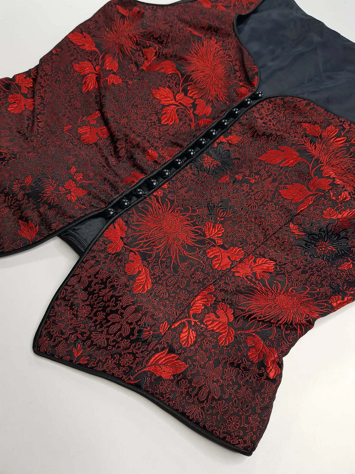 90s Brocade Corset top in Black with Vibrant Red - Impeccable Tailoring with Satin Edging & Buttons up the front - Incredibly Sexy Piece - Versatile & High Quality Fabric
