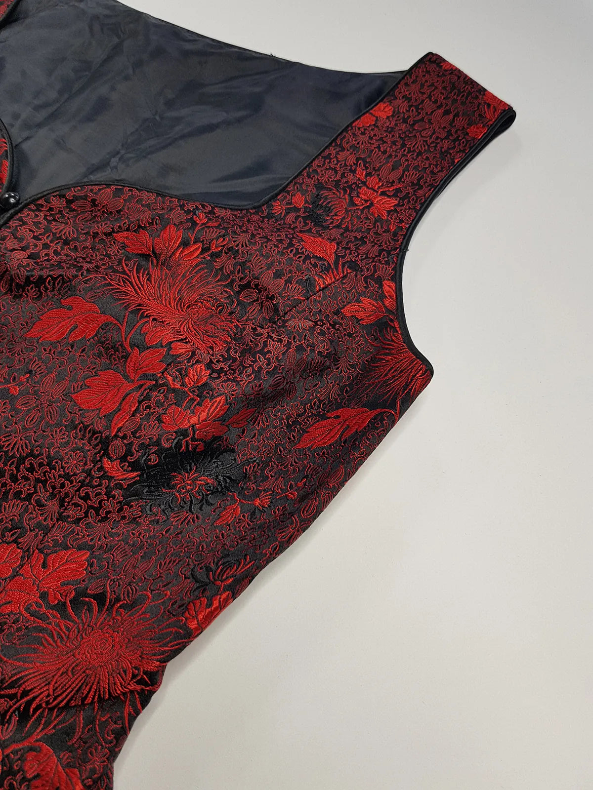 90s Brocade Corset top in Black with Vibrant Red - Impeccable Tailoring with Satin Edging & Buttons up the front - Incredibly Sexy Piece - Versatile & High Quality Fabric