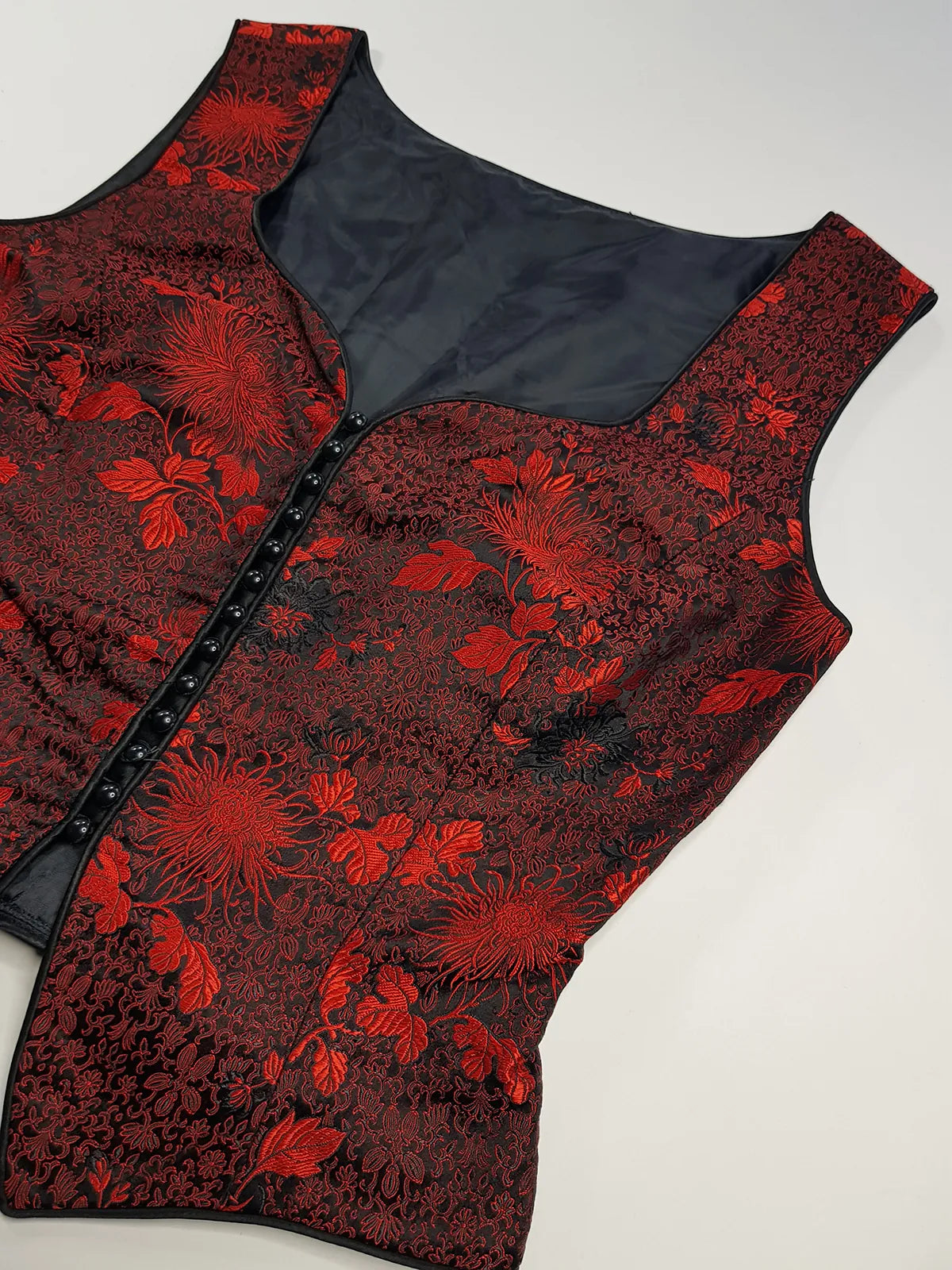 90s Brocade Corset top in Black with Vibrant Red - Impeccable Tailoring with Satin Edging & Buttons up the front - Incredibly Sexy Piece - Versatile & High Quality Fabric