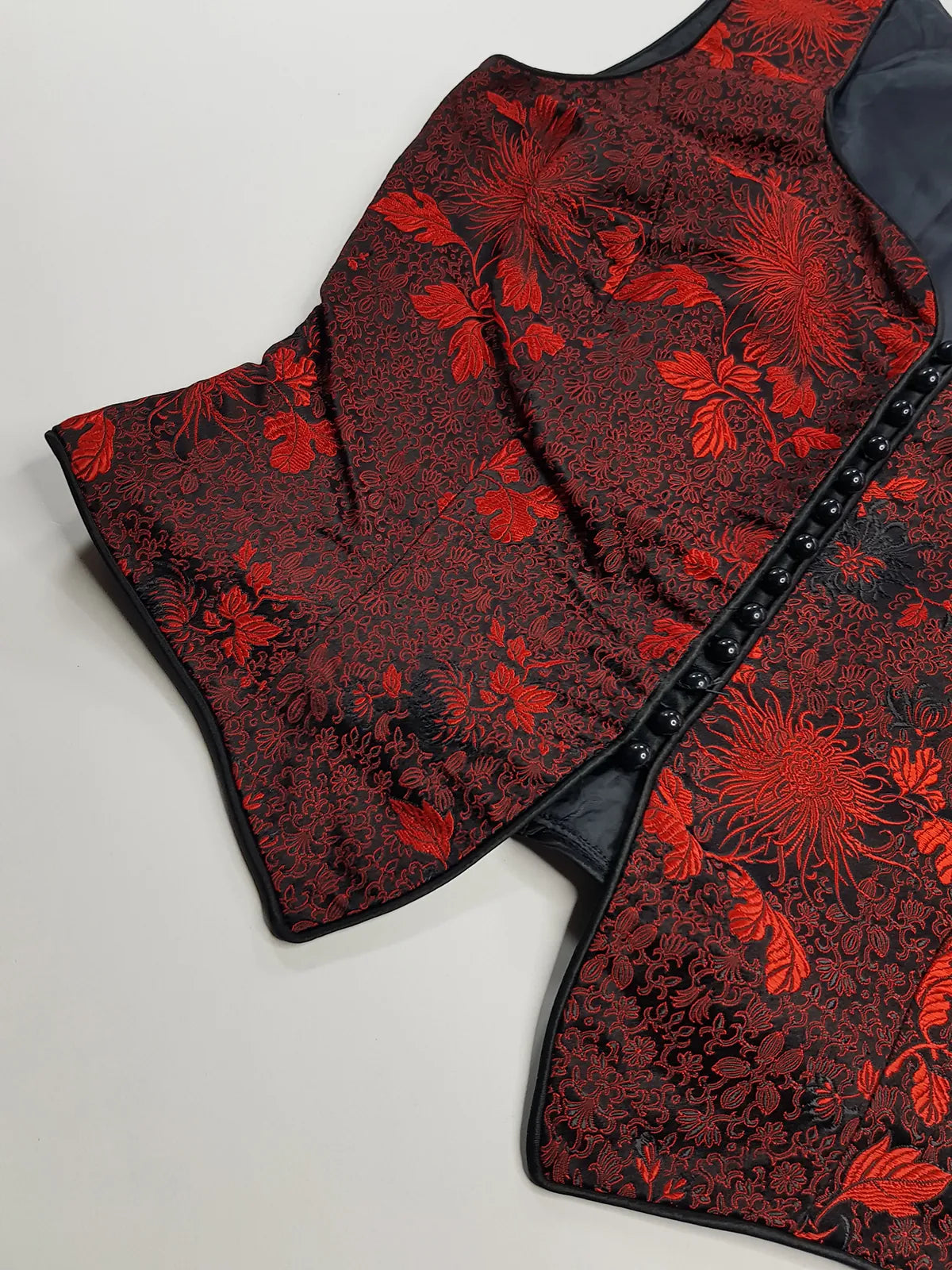 90s Brocade Corset top in Black with Vibrant Red - Impeccable Tailoring with Satin Edging & Buttons up the front - Incredibly Sexy Piece - Versatile & High Quality Fabric