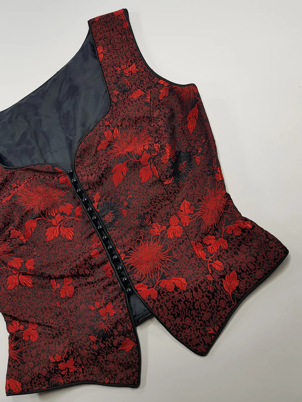 90s Brocade Corset top in Black with Vibrant Red - Impeccable Tailoring with Satin Edging & Buttons up the front - Incredibly Sexy Piece - Versatile & High Quality Fabric