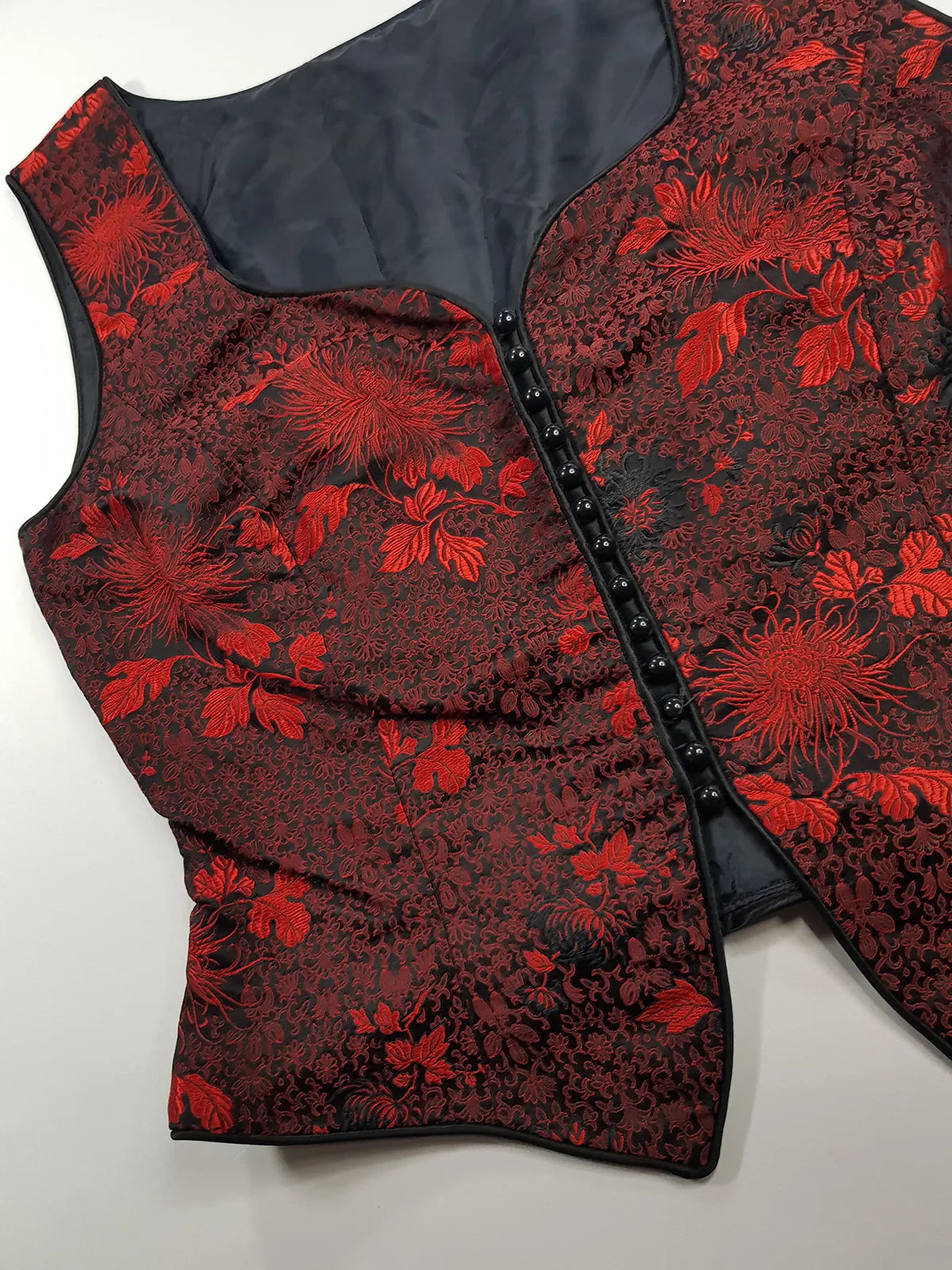 90s Brocade Corset top in Black with Vibrant Red - Impeccable Tailoring with Satin Edging & Buttons up the front - Incredibly Sexy Piece - Versatile & High Quality Fabric