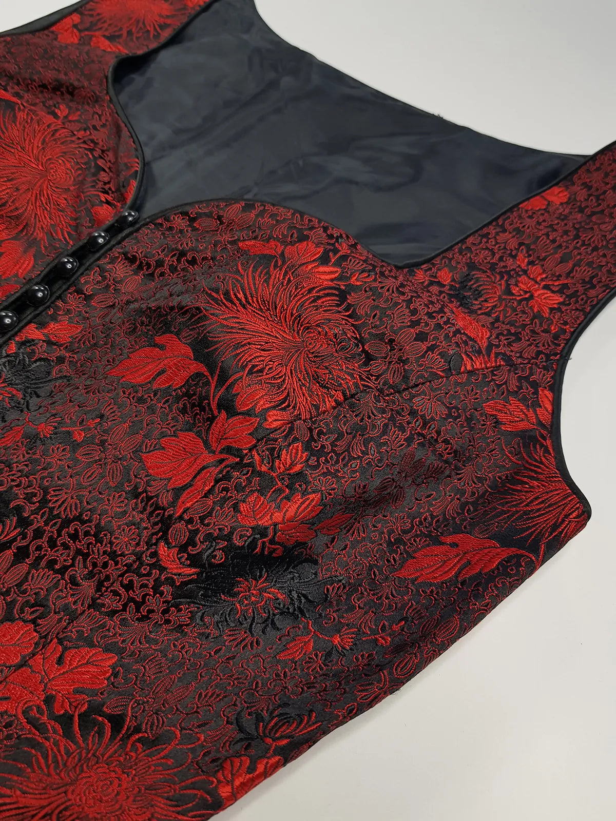 90s Brocade Corset top in Black with Vibrant Red - Impeccable Tailoring with Satin Edging & Buttons up the front - Incredibly Sexy Piece - Versatile & High Quality Fabric