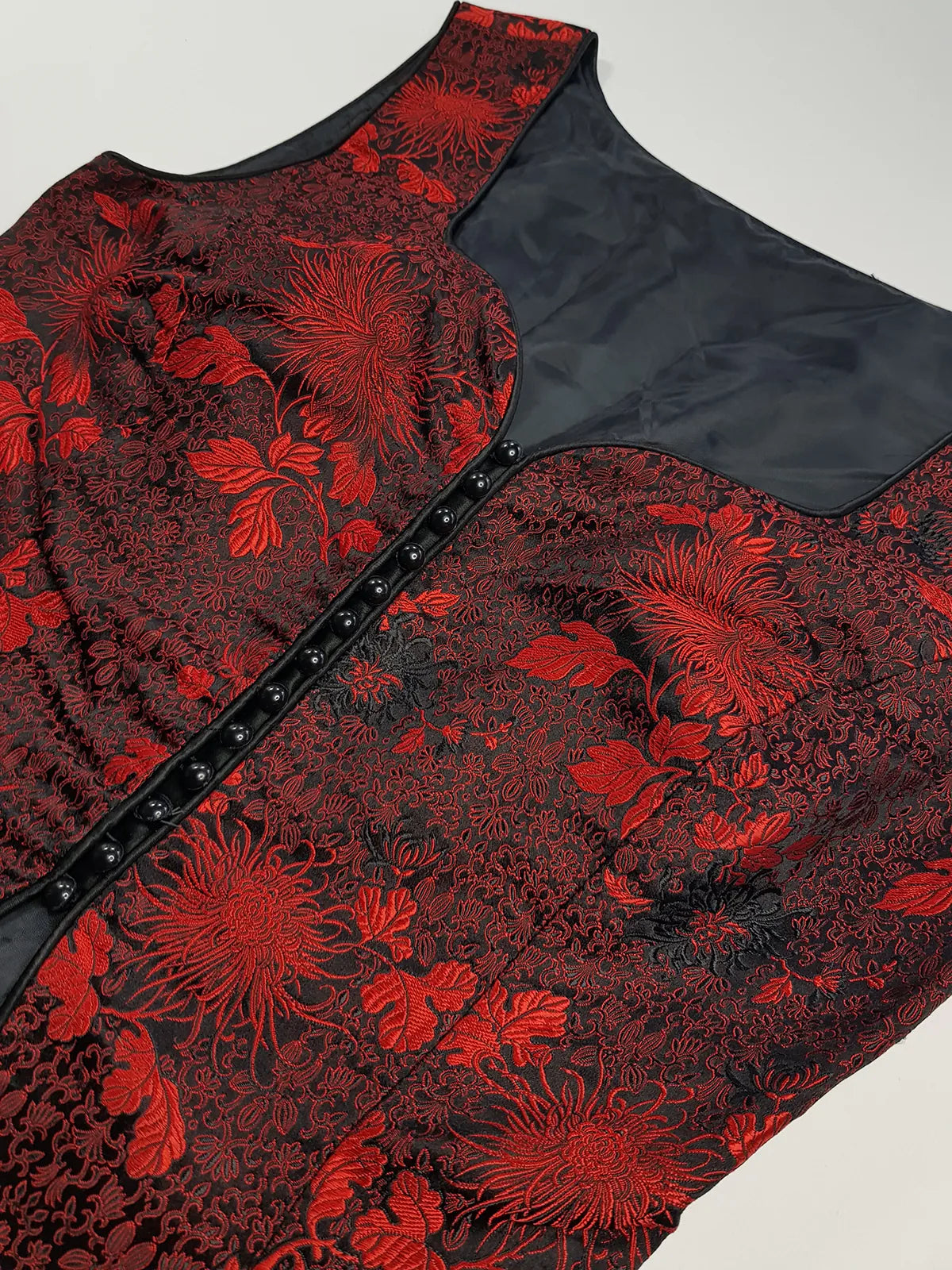 90s Brocade Corset top in Black with Vibrant Red - Impeccable Tailoring with Satin Edging & Buttons up the front - Incredibly Sexy Piece - Versatile & High Quality Fabric