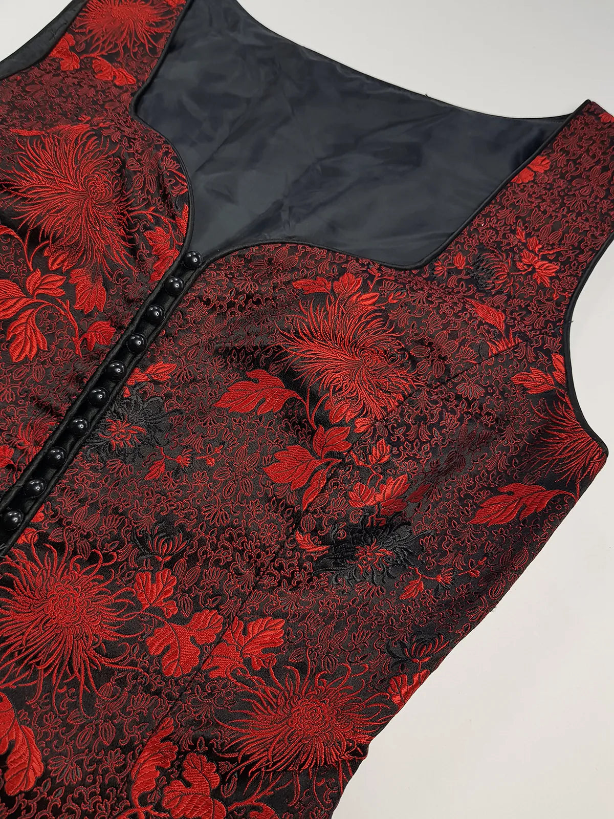 90s Brocade Corset top in Black with Vibrant Red - Impeccable Tailoring with Satin Edging & Buttons up the front - Incredibly Sexy Piece - Versatile & High Quality Fabric