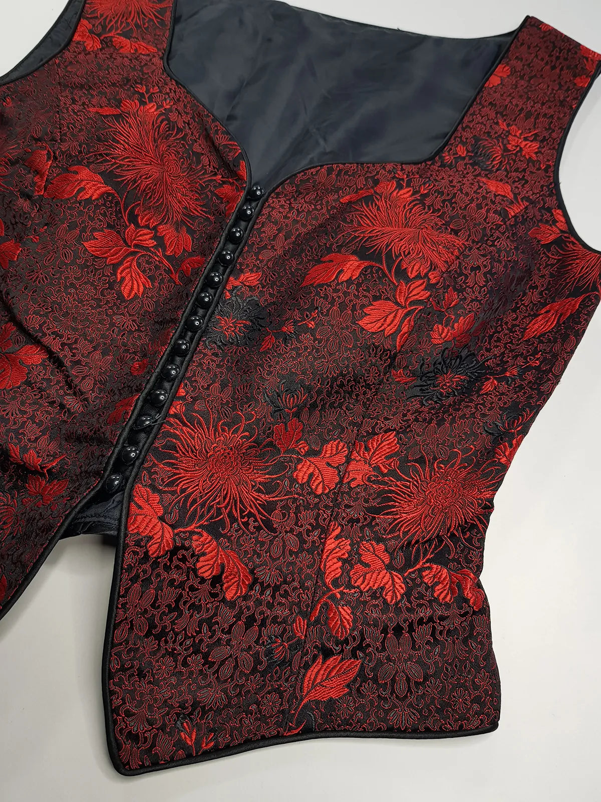 90s Brocade Corset top in Black with Vibrant Red - Impeccable Tailoring with Satin Edging & Buttons up the front - Incredibly Sexy Piece - Versatile & High Quality Fabric