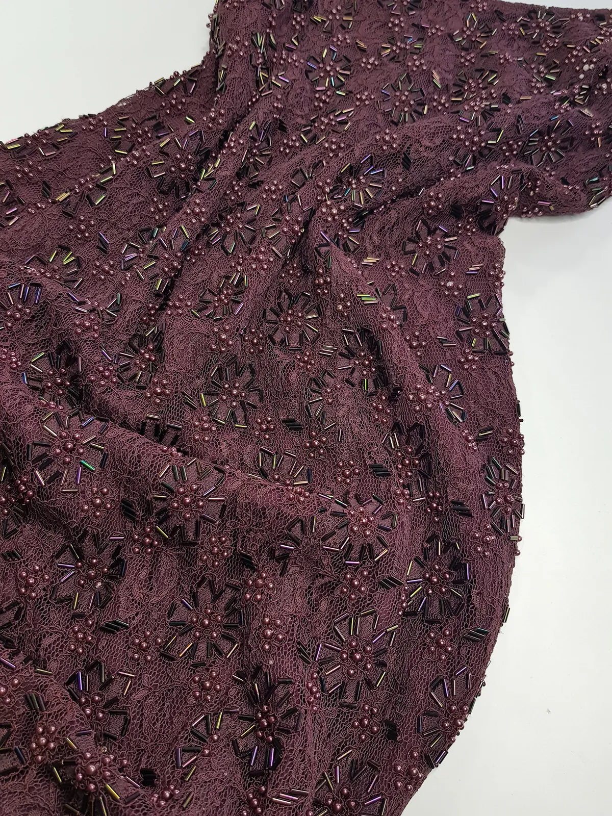 90s Dark Fairy Heavily Hand Beaded Floor Length gown - Iconic 90s Silhouette in Stretch Lace with Heavy Beading over the entire dress - Purple with Multi Coloured Stones & Beads - Split up the Back & Super thin Satin Straps