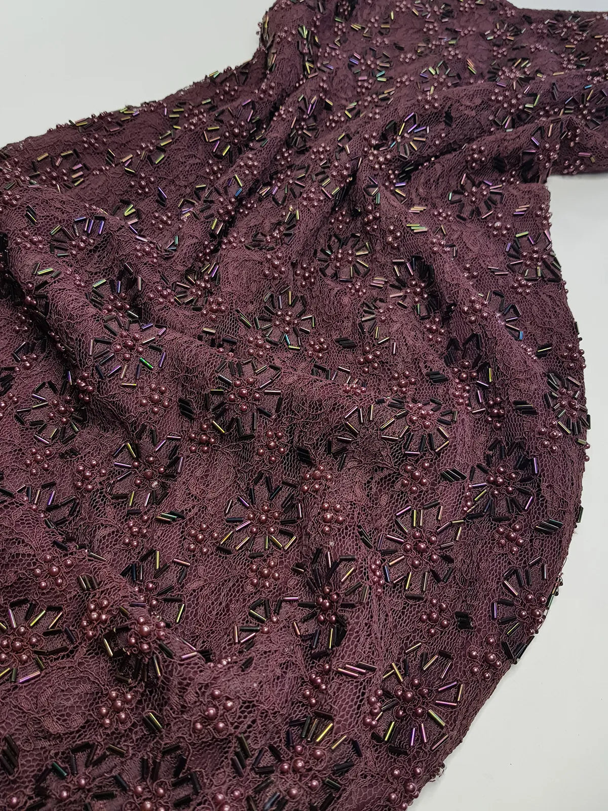 90s Dark Fairy Heavily Hand Beaded Floor Length gown - Iconic 90s Silhouette in Stretch Lace with Heavy Beading over the entire dress - Purple with Multi Coloured Stones & Beads - Split up the Back & Super thin Satin Straps