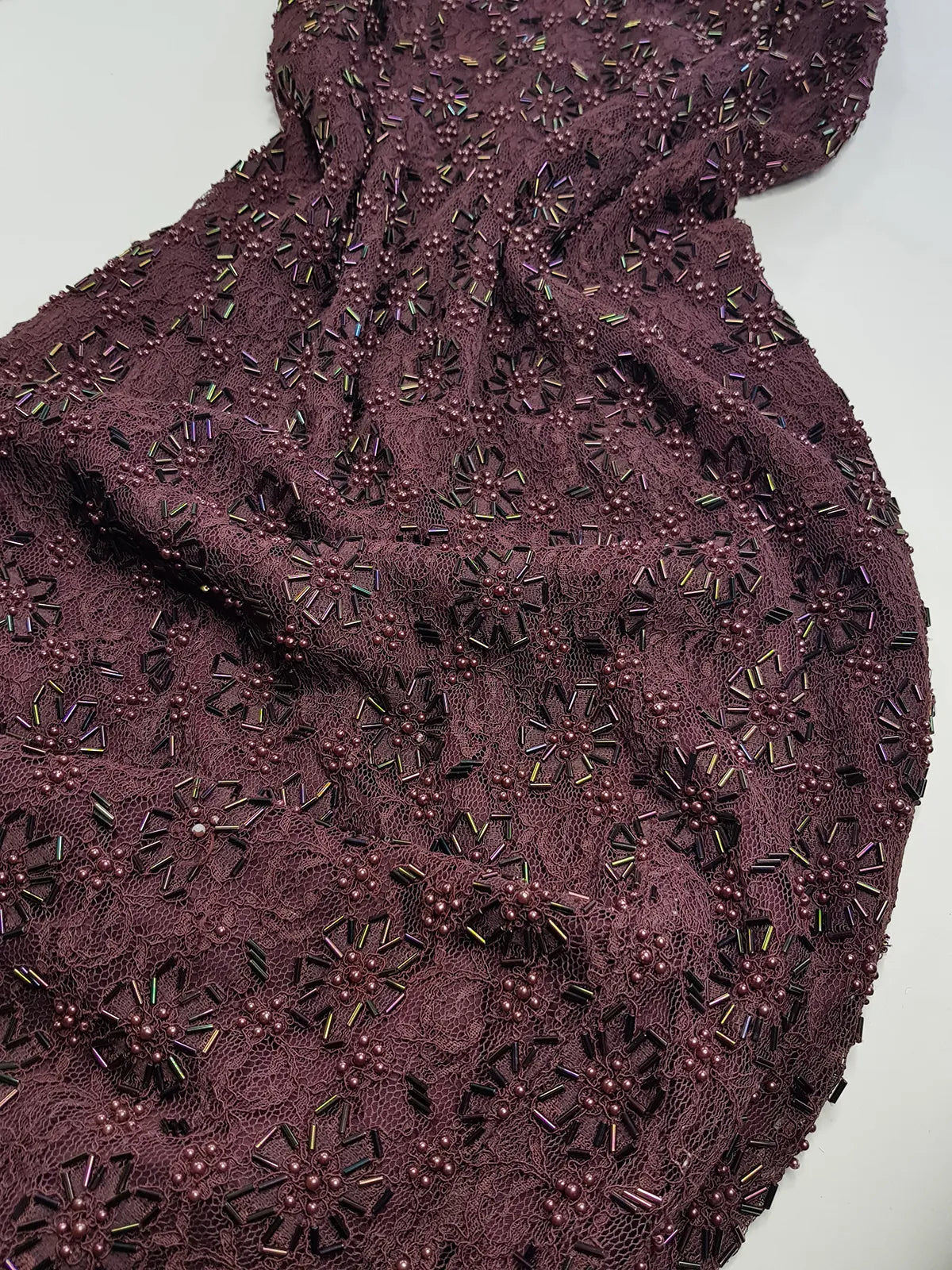 90s Dark Fairy Heavily Hand Beaded Floor Length gown - Iconic 90s Silhouette in Stretch Lace with Heavy Beading over the entire dress - Purple with Multi Coloured Stones & Beads - Split up the Back & Super thin Satin Straps