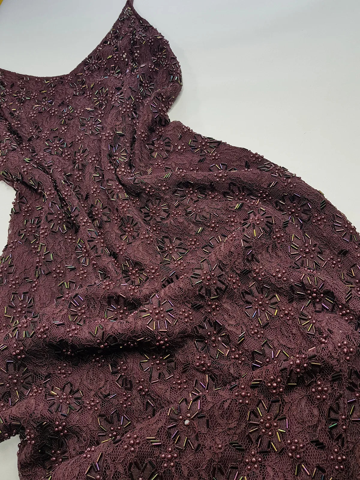 90s Dark Fairy Heavily Hand Beaded Floor Length gown - Iconic 90s Silhouette in Stretch Lace with Heavy Beading over the entire dress - Purple with Multi Coloured Stones & Beads - Split up the Back & Super thin Satin Straps