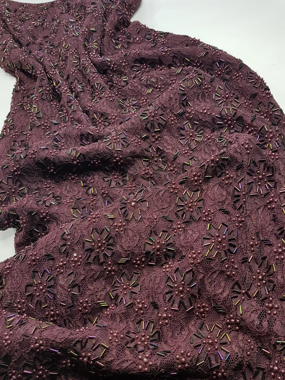 90s Dark Fairy Heavily Hand Beaded Floor Length gown - Iconic 90s Silhouette in Stretch Lace with Heavy Beading over the entire dress - Purple with Multi Coloured Stones & Beads - Split up the Back & Super thin Satin Straps