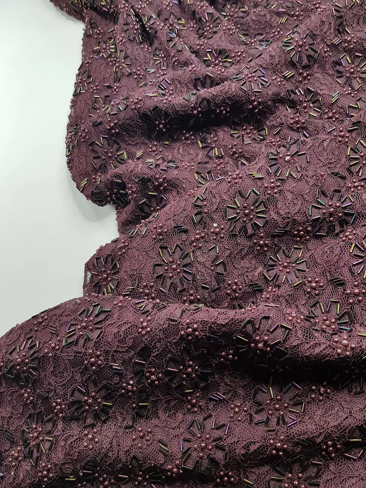 90s Dark Fairy Heavily Hand Beaded Floor Length gown - Iconic 90s Silhouette in Stretch Lace with Heavy Beading over the entire dress - Purple with Multi Coloured Stones & Beads - Split up the Back & Super thin Satin Straps