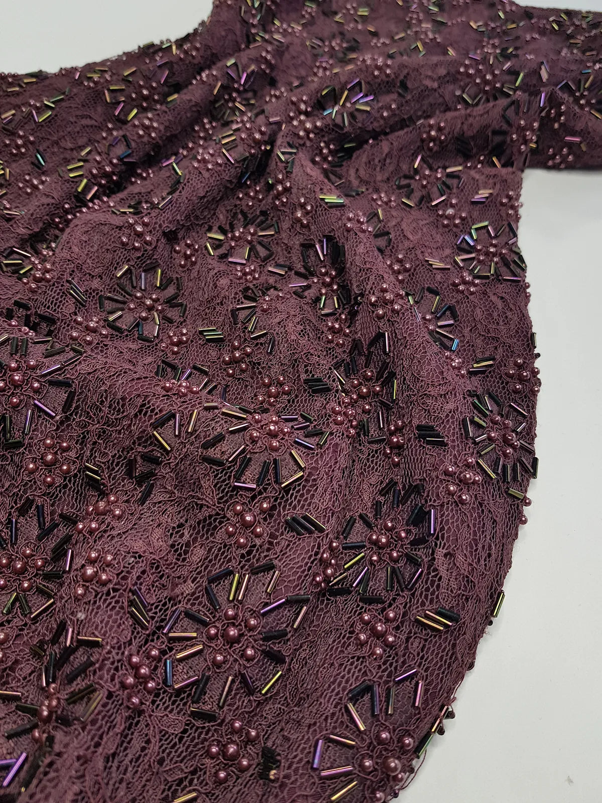 90s Dark Fairy Heavily Hand Beaded Floor Length gown - Iconic 90s Silhouette in Stretch Lace with Heavy Beading over the entire dress - Purple with Multi Coloured Stones & Beads - Split up the Back & Super thin Satin Straps