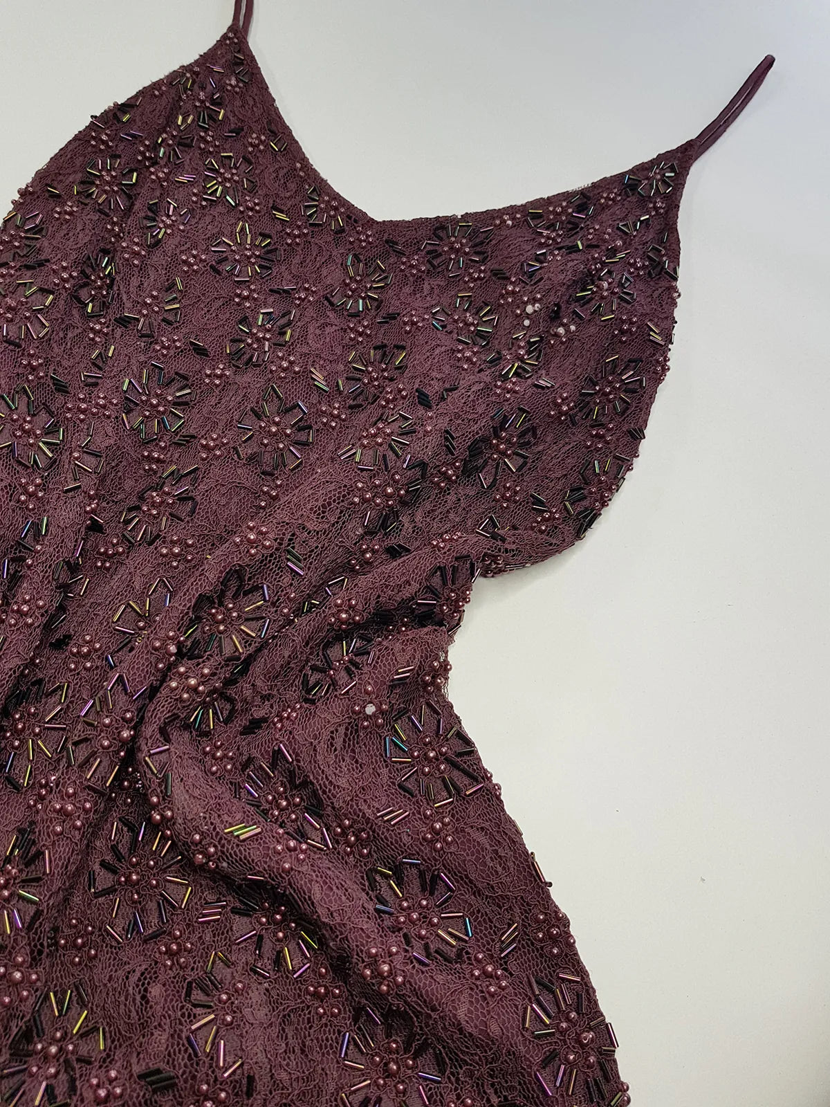 90s Dark Fairy Heavily Hand Beaded Floor Length gown - Iconic 90s Silhouette in Stretch Lace with Heavy Beading over the entire dress - Purple with Multi Coloured Stones & Beads - Split up the Back & Super thin Satin Straps