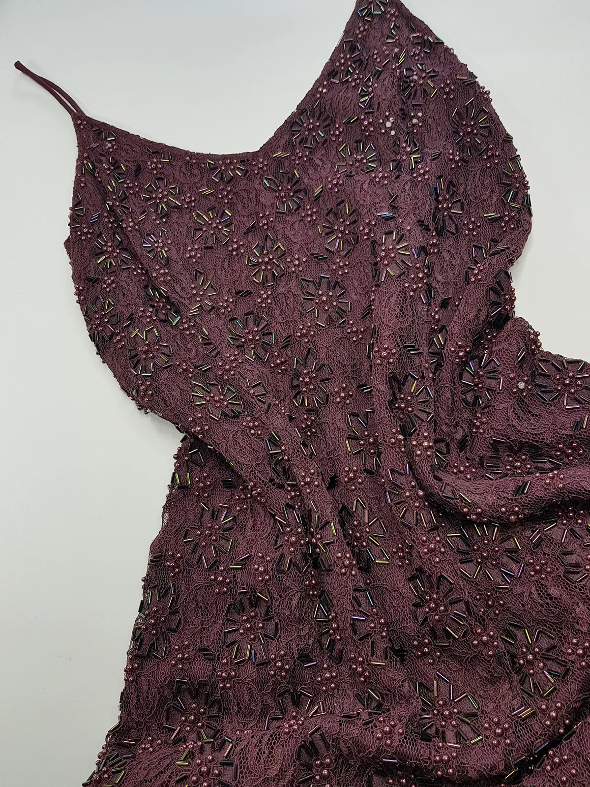 90s Dark Fairy Heavily Hand Beaded Floor Length gown - Iconic 90s Silhouette in Stretch Lace with Heavy Beading over the entire dress - Purple with Multi Coloured Stones & Beads - Split up the Back & Super thin Satin Straps