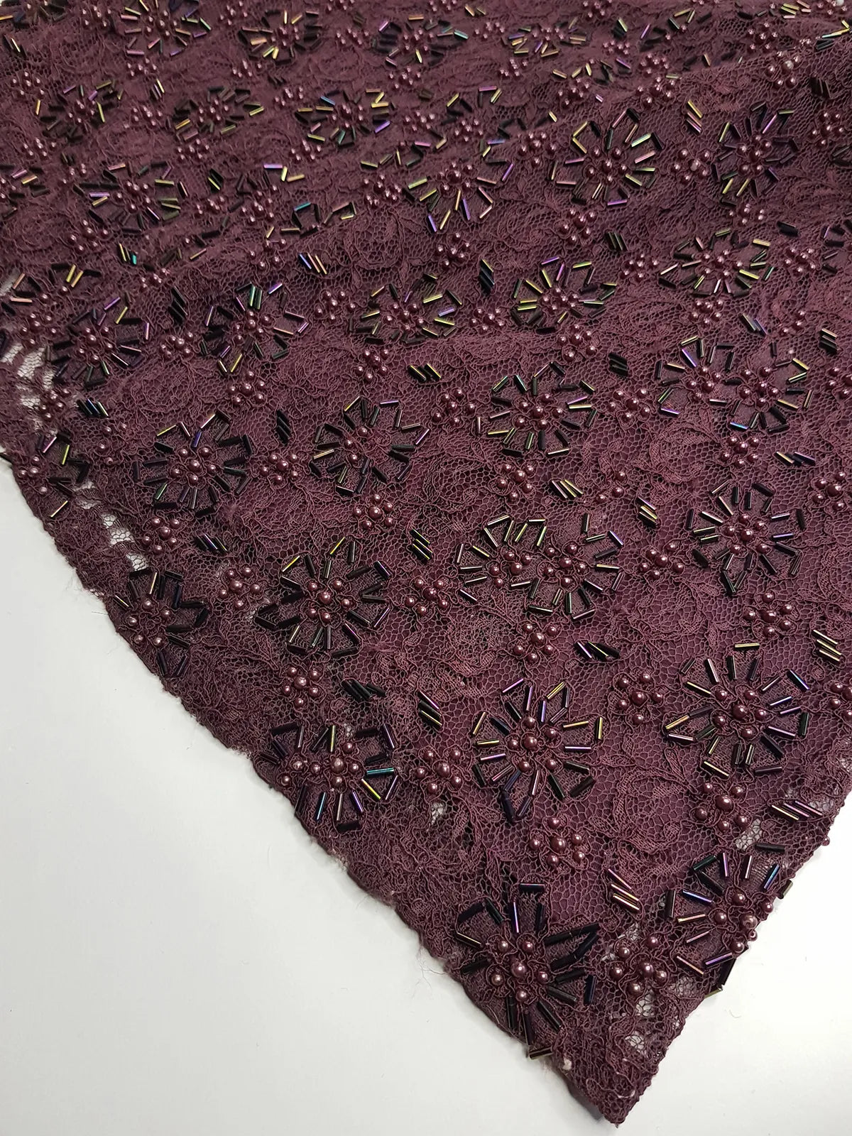 90s Dark Fairy Heavily Hand Beaded Floor Length gown - Iconic 90s Silhouette in Stretch Lace with Heavy Beading over the entire dress - Purple with Multi Coloured Stones & Beads - Split up the Back & Super thin Satin Straps