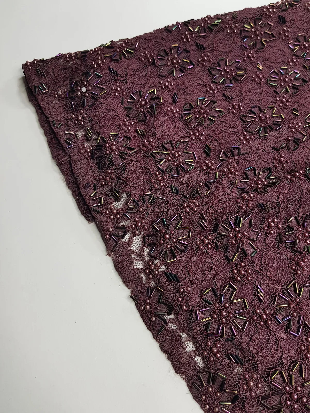 90s Dark Fairy Heavily Hand Beaded Floor Length gown - Iconic 90s Silhouette in Stretch Lace with Heavy Beading over the entire dress - Purple with Multi Coloured Stones & Beads - Split up the Back & Super thin Satin Straps