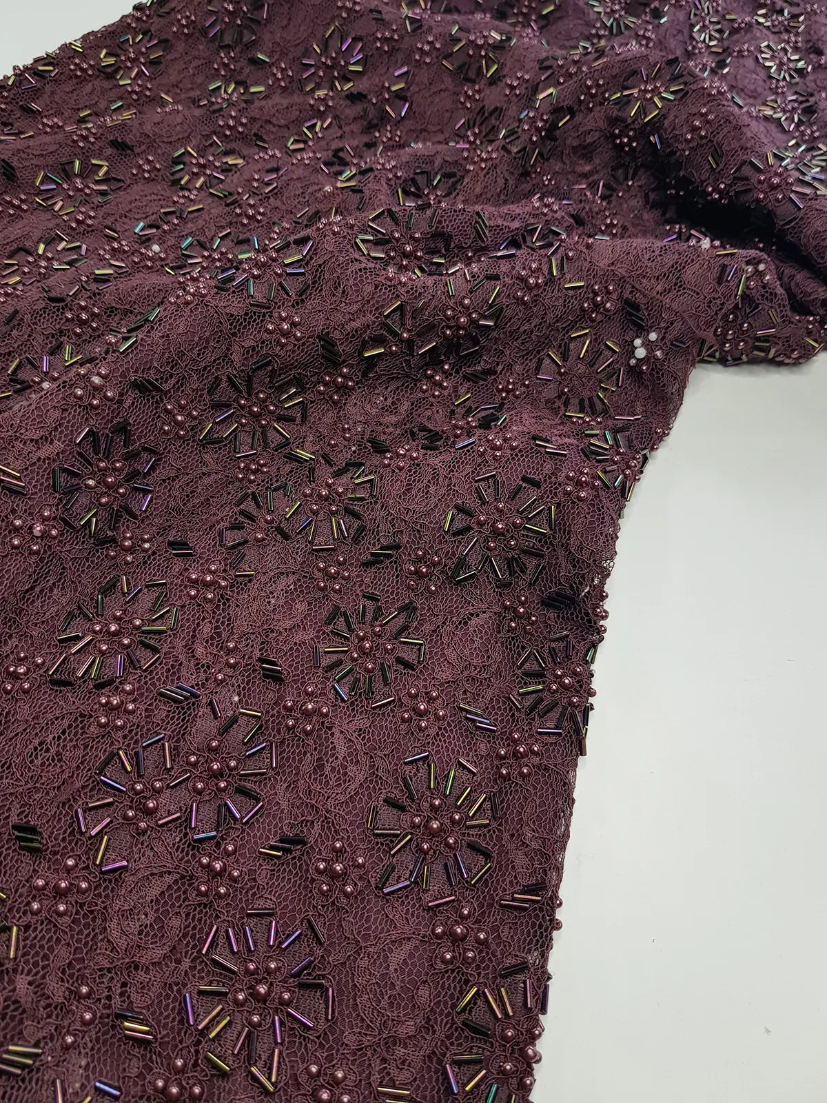 90s Dark Fairy Heavily Hand Beaded Floor Length gown - Iconic 90s Silhouette in Stretch Lace with Heavy Beading over the entire dress - Purple with Multi Coloured Stones & Beads - Split up the Back & Super thin Satin Straps