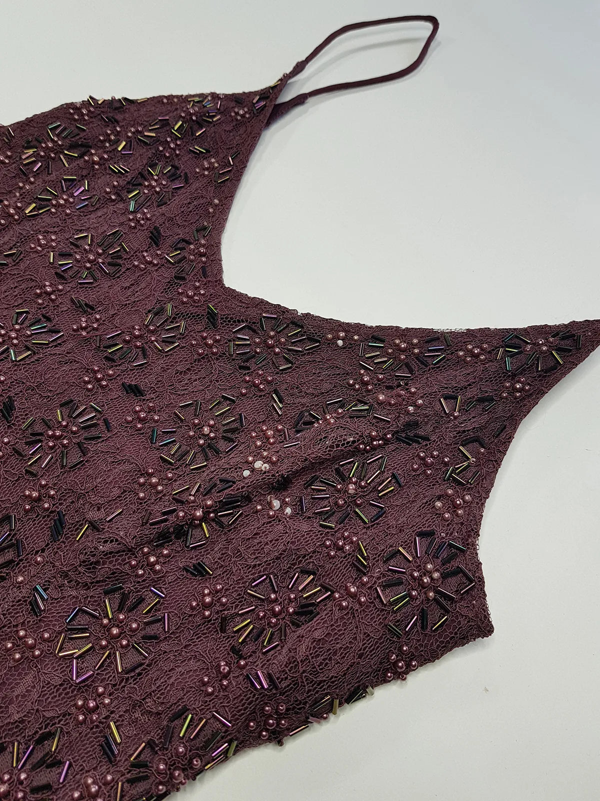 90s Dark Fairy Heavily Hand Beaded Floor Length gown - Iconic 90s Silhouette in Stretch Lace with Heavy Beading over the entire dress - Purple with Multi Coloured Stones & Beads - Split up the Back & Super thin Satin Straps