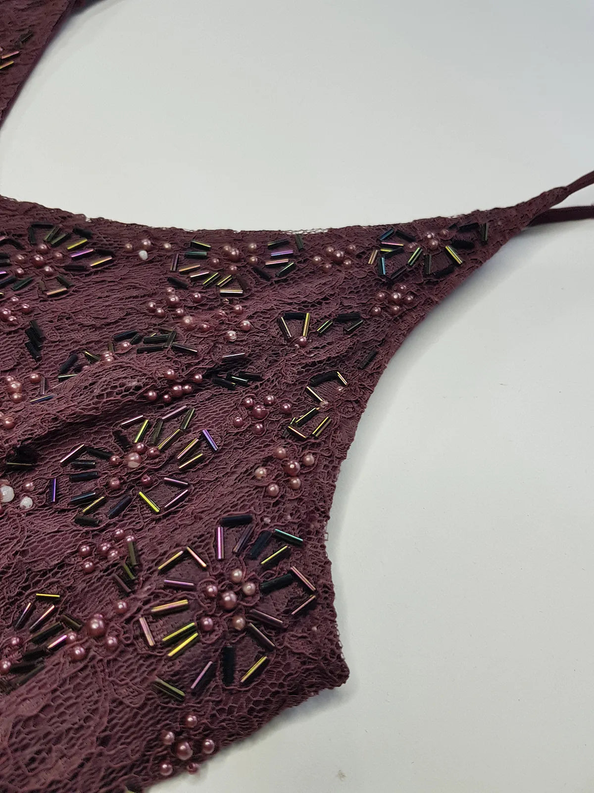 90s Dark Fairy Heavily Hand Beaded Floor Length gown - Iconic 90s Silhouette in Stretch Lace with Heavy Beading over the entire dress - Purple with Multi Coloured Stones & Beads - Split up the Back & Super thin Satin Straps