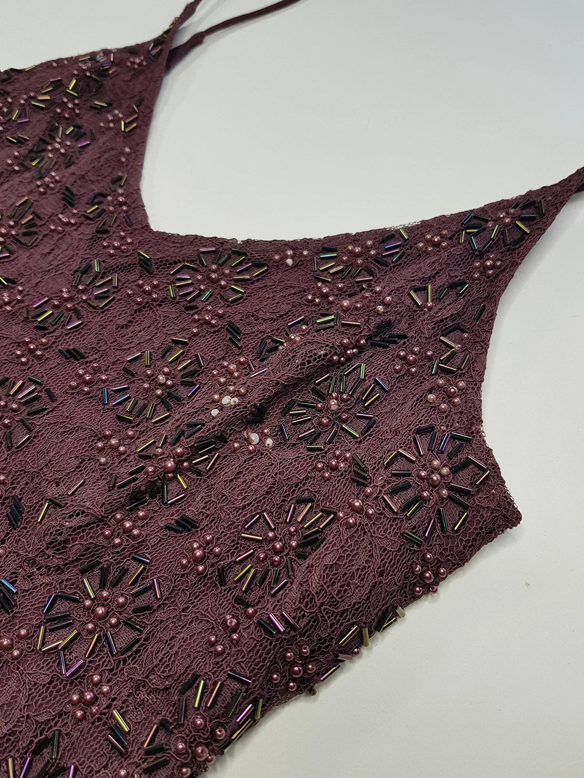 90s Dark Fairy Heavily Hand Beaded Floor Length gown - Iconic 90s Silhouette in Stretch Lace with Heavy Beading over the entire dress - Purple with Multi Coloured Stones & Beads - Split up the Back & Super thin Satin Straps