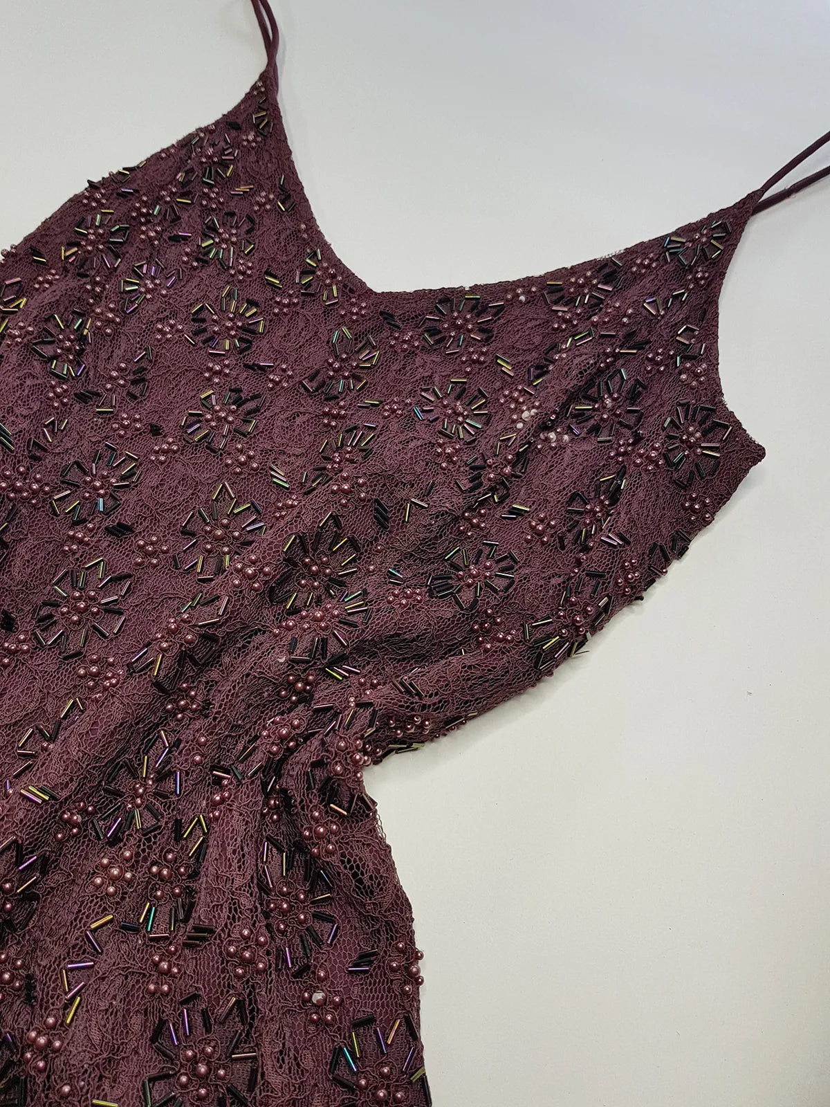 90s Dark Fairy Heavily Hand Beaded Floor Length gown - Iconic 90s Silhouette in Stretch Lace with Heavy Beading over the entire dress - Purple with Multi Coloured Stones & Beads - Split up the Back & Super thin Satin Straps