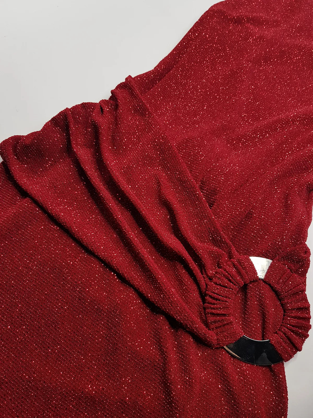 Iconic 90s Super Sexy Red Sparkle Gown - Absolutely Beautiful Silhouette & Hip Ruching with Silver Hardware Buckle that clings to the hip perfectly- Red with Red cast Diamonds in the fabric - Stretch body hugging high quality fabric