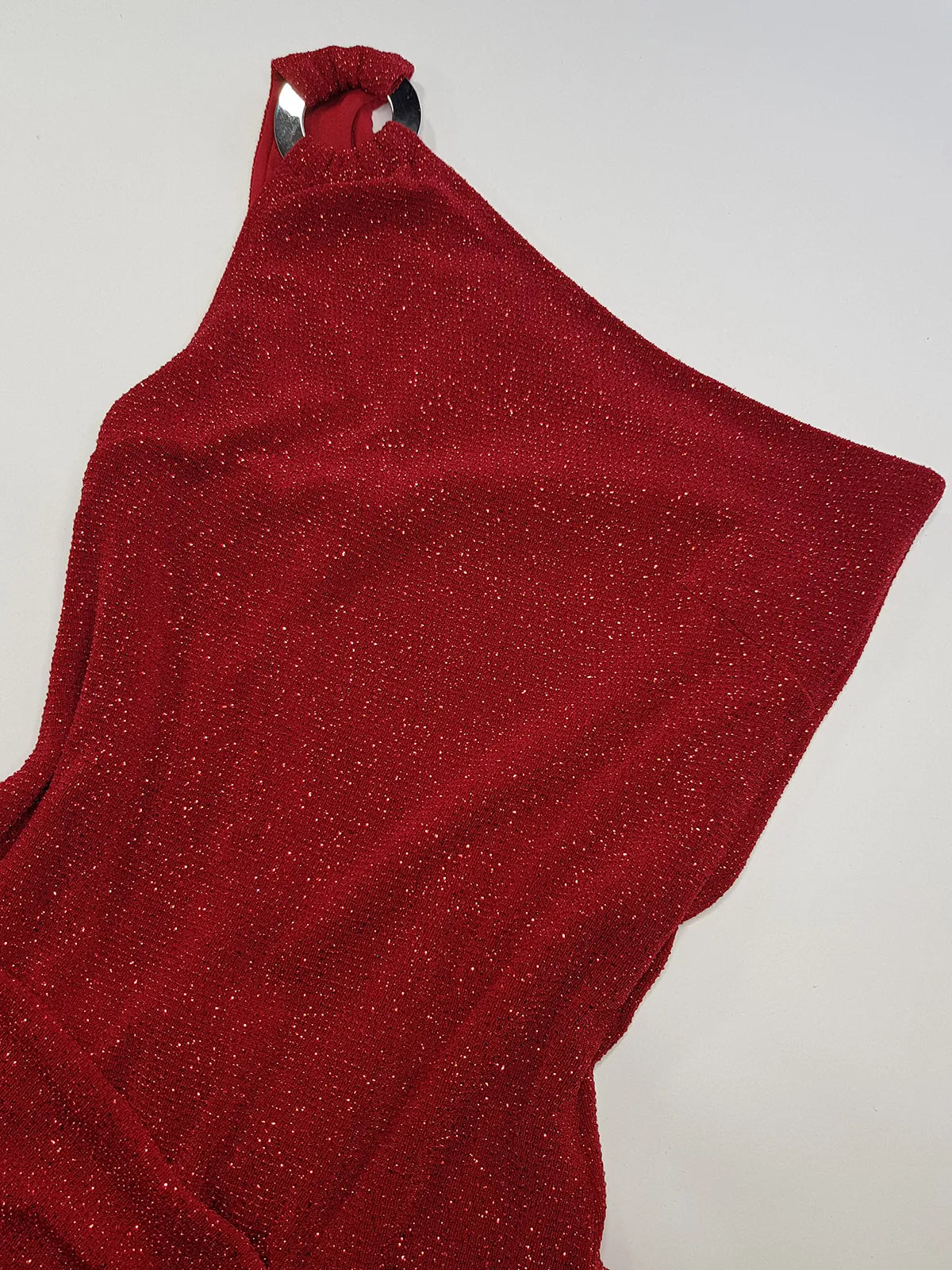 Iconic 90s Super Sexy Red Sparkle Gown - Absolutely Beautiful Silhouette & Hip Ruching with Silver Hardware Buckle that clings to the hip perfectly- Red with Red cast Diamonds in the fabric - Stretch body hugging high quality fabric