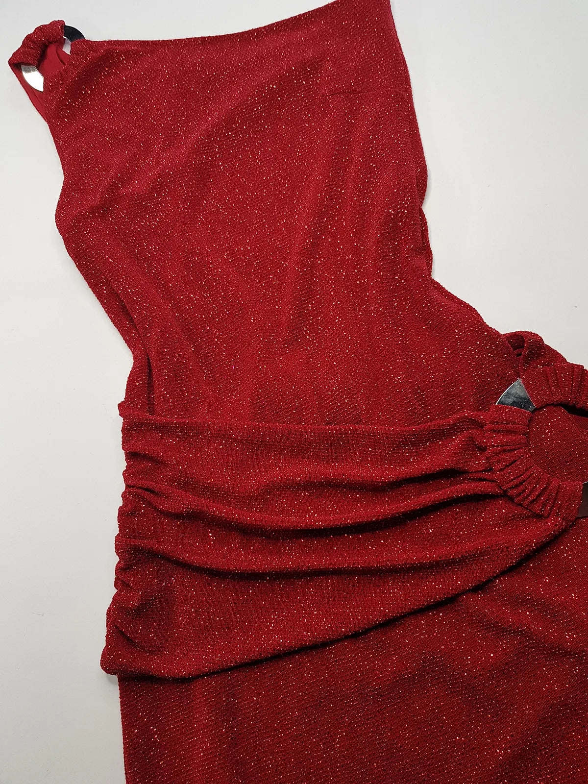 Iconic 90s Super Sexy Red Sparkle Gown - Absolutely Beautiful Silhouette & Hip Ruching with Silver Hardware Buckle that clings to the hip perfectly- Red with Red cast Diamonds in the fabric - Stretch body hugging high quality fabric