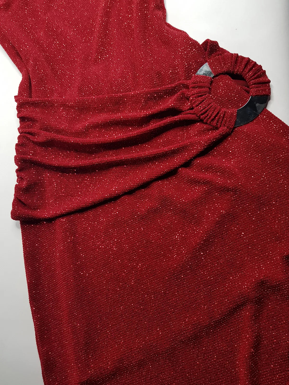 Iconic 90s Super Sexy Red Sparkle Gown - Absolutely Beautiful Silhouette & Hip Ruching with Silver Hardware Buckle that clings to the hip perfectly- Red with Red cast Diamonds in the fabric - Stretch body hugging high quality fabric