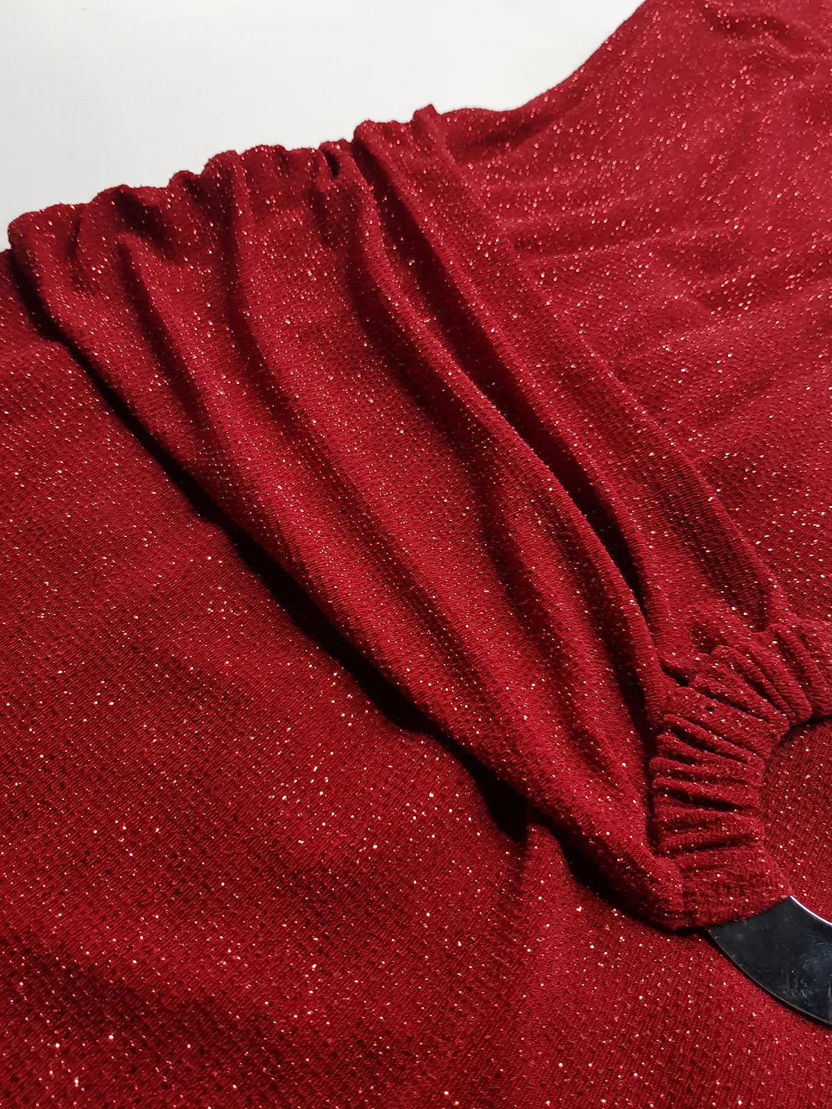 Iconic 90s Super Sexy Red Sparkle Gown - Absolutely Beautiful Silhouette & Hip Ruching with Silver Hardware Buckle that clings to the hip perfectly- Red with Red cast Diamonds in the fabric - Stretch body hugging high quality fabric