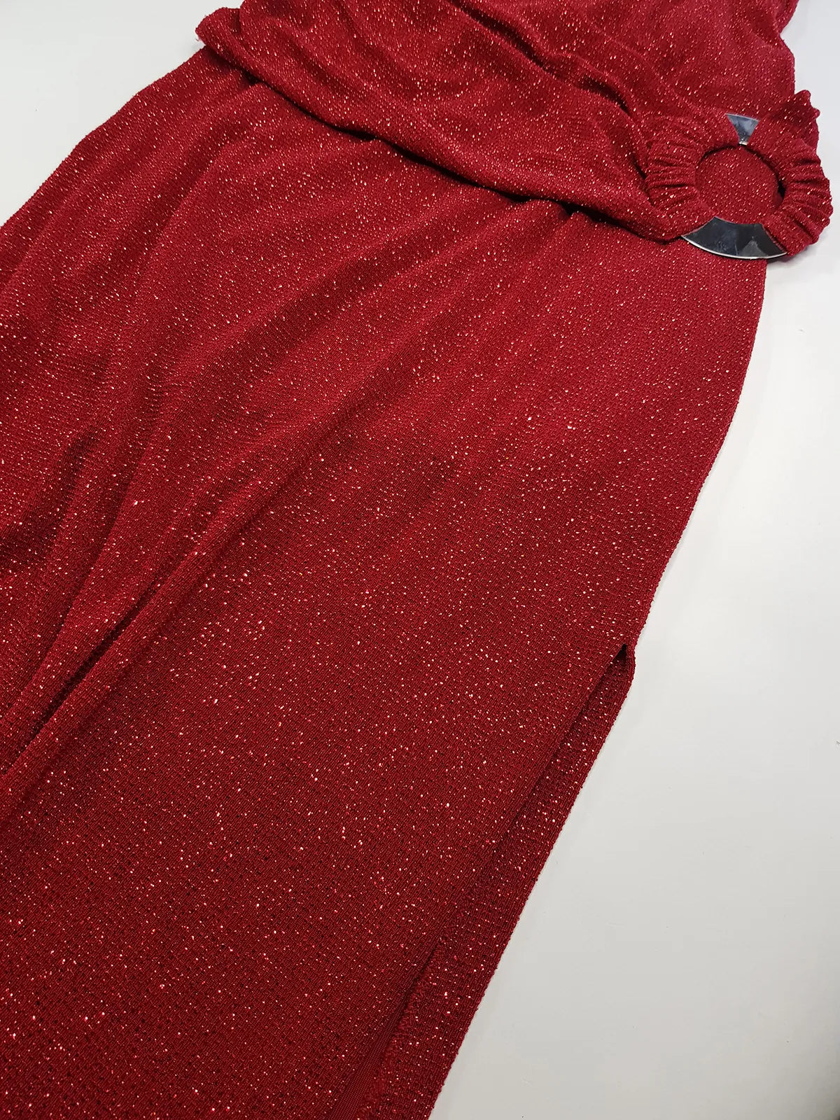 Iconic 90s Super Sexy Red Sparkle Gown - Absolutely Beautiful Silhouette & Hip Ruching with Silver Hardware Buckle that clings to the hip perfectly- Red with Red cast Diamonds in the fabric - Stretch body hugging high quality fabric