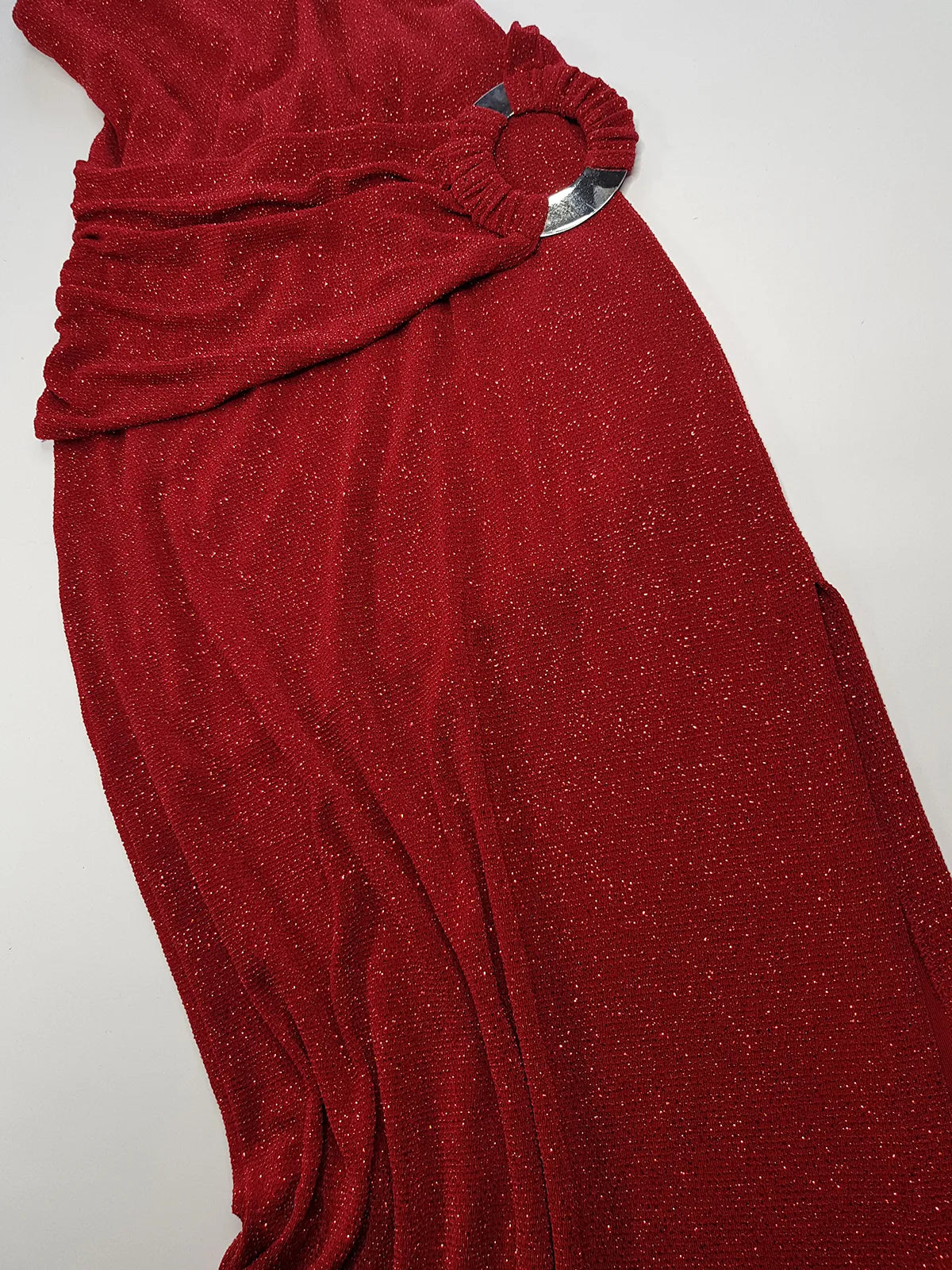 Iconic 90s Super Sexy Red Sparkle Gown - Absolutely Beautiful Silhouette & Hip Ruching with Silver Hardware Buckle that clings to the hip perfectly- Red with Red cast Diamonds in the fabric - Stretch body hugging high quality fabric